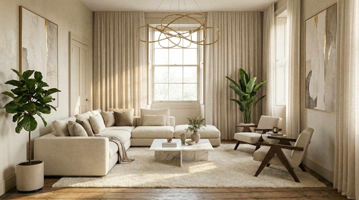 An empty room redesigned into a warm living space with Deqolo, after
